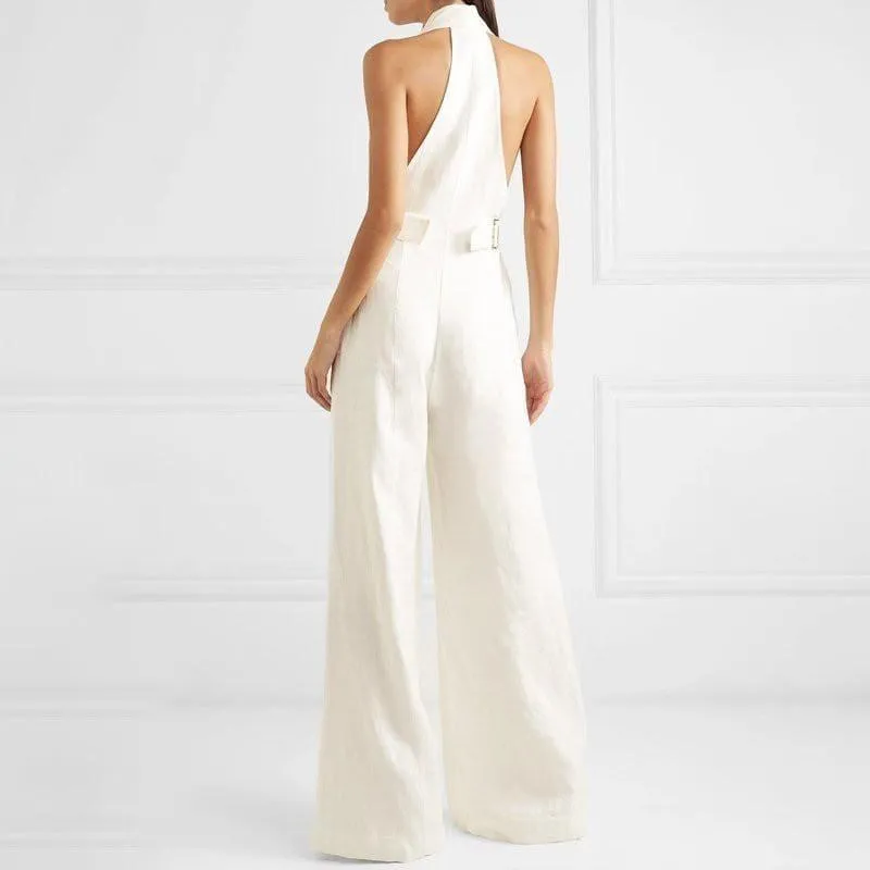 White Linen  Sexy Halter Button High Waist Wide Leg Jumpsuit