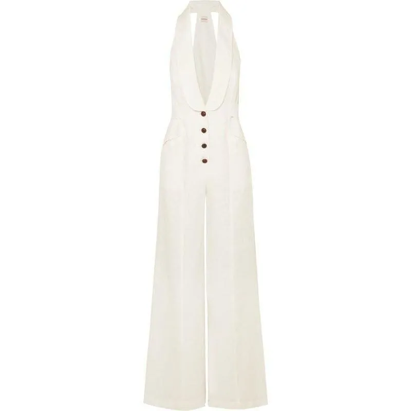 White Linen  Sexy Halter Button High Waist Wide Leg Jumpsuit