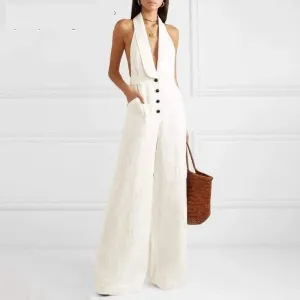 White Linen  Sexy Halter Button High Waist Wide Leg Jumpsuit