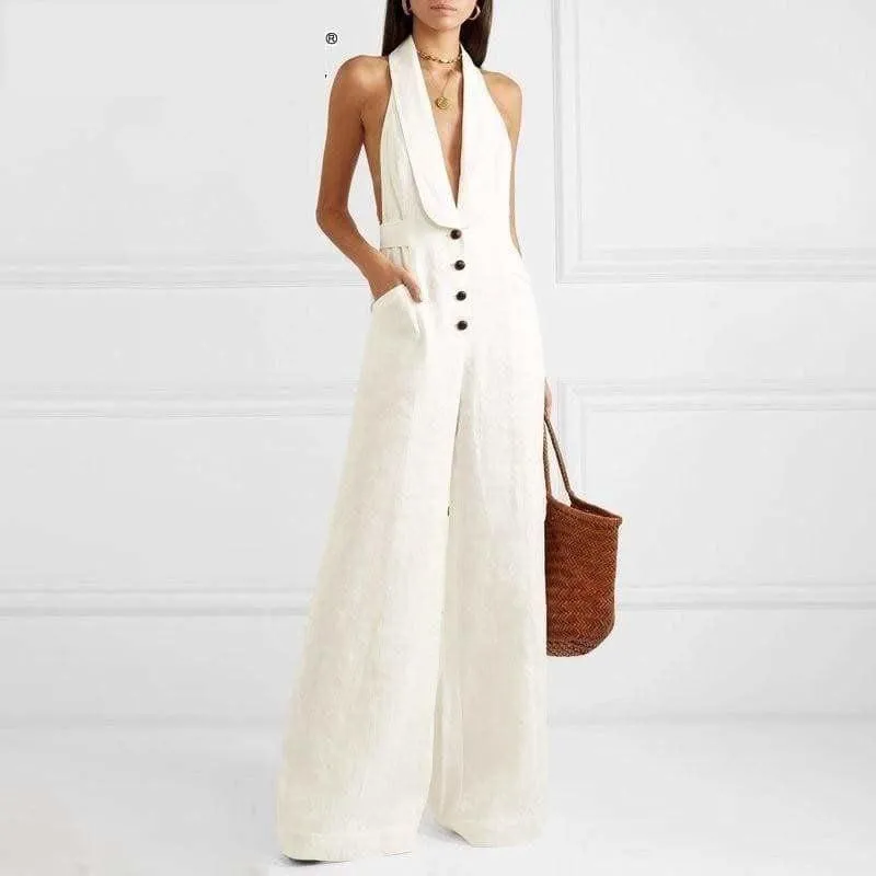 White Linen  Sexy Halter Button High Waist Wide Leg Jumpsuit