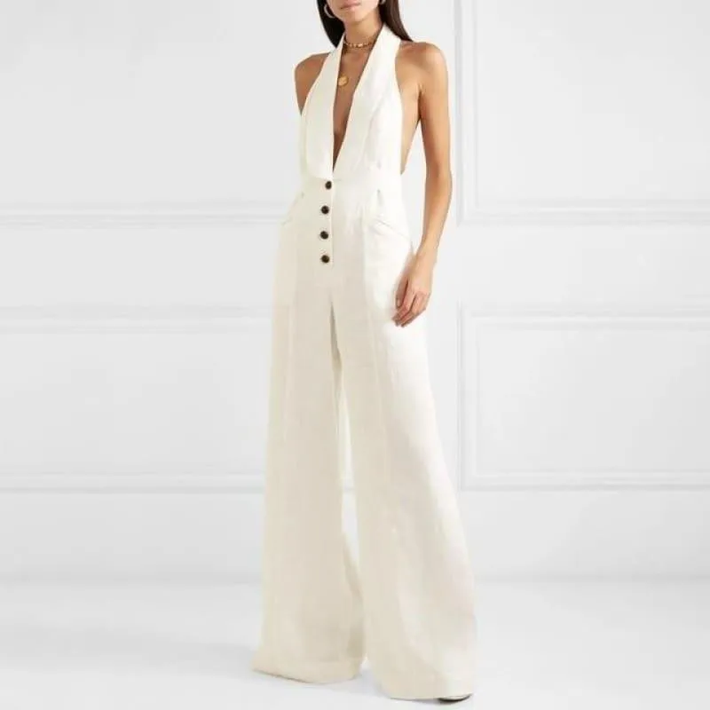 White Linen  Sexy Halter Button High Waist Wide Leg Jumpsuit