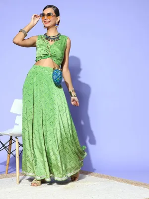 Women Green Tie & Dye Sleeveless Twisted Crop Top