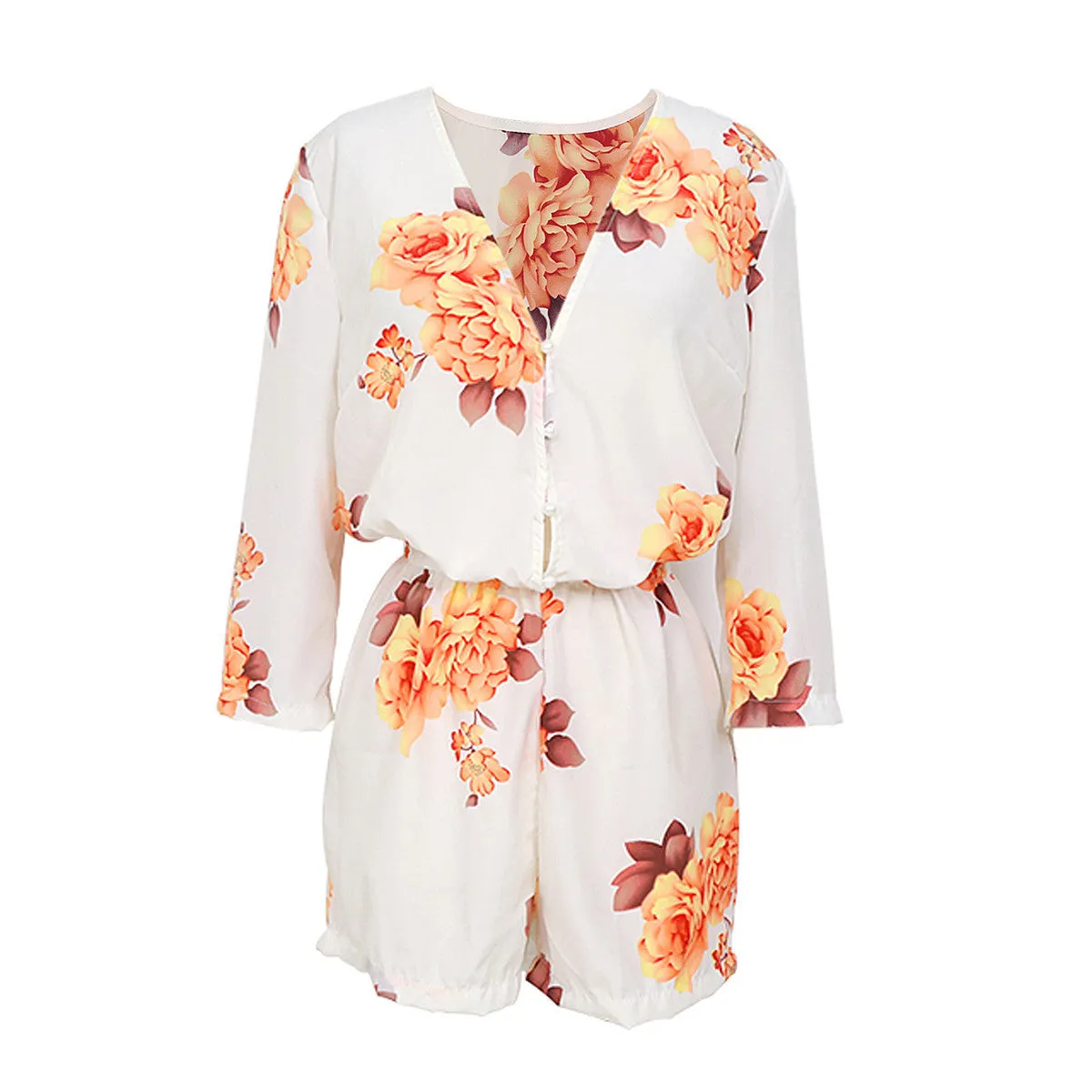 Women Spring Summer Short Loose Jumpsuits Flower Printing Playsuit Casual V Neck Rompers Bodysuit Overall Plus Size