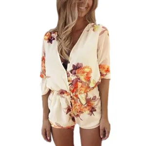 Women Spring Summer Short Loose Jumpsuits Flower Printing Playsuit Casual V Neck Rompers Bodysuit Overall Plus Size