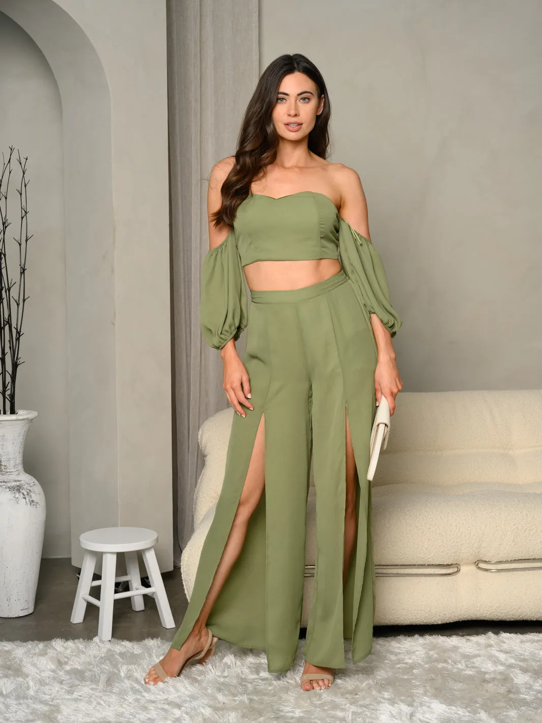 WOMEN'S 2PC. TOP & PANTS FRONT SLIT SET