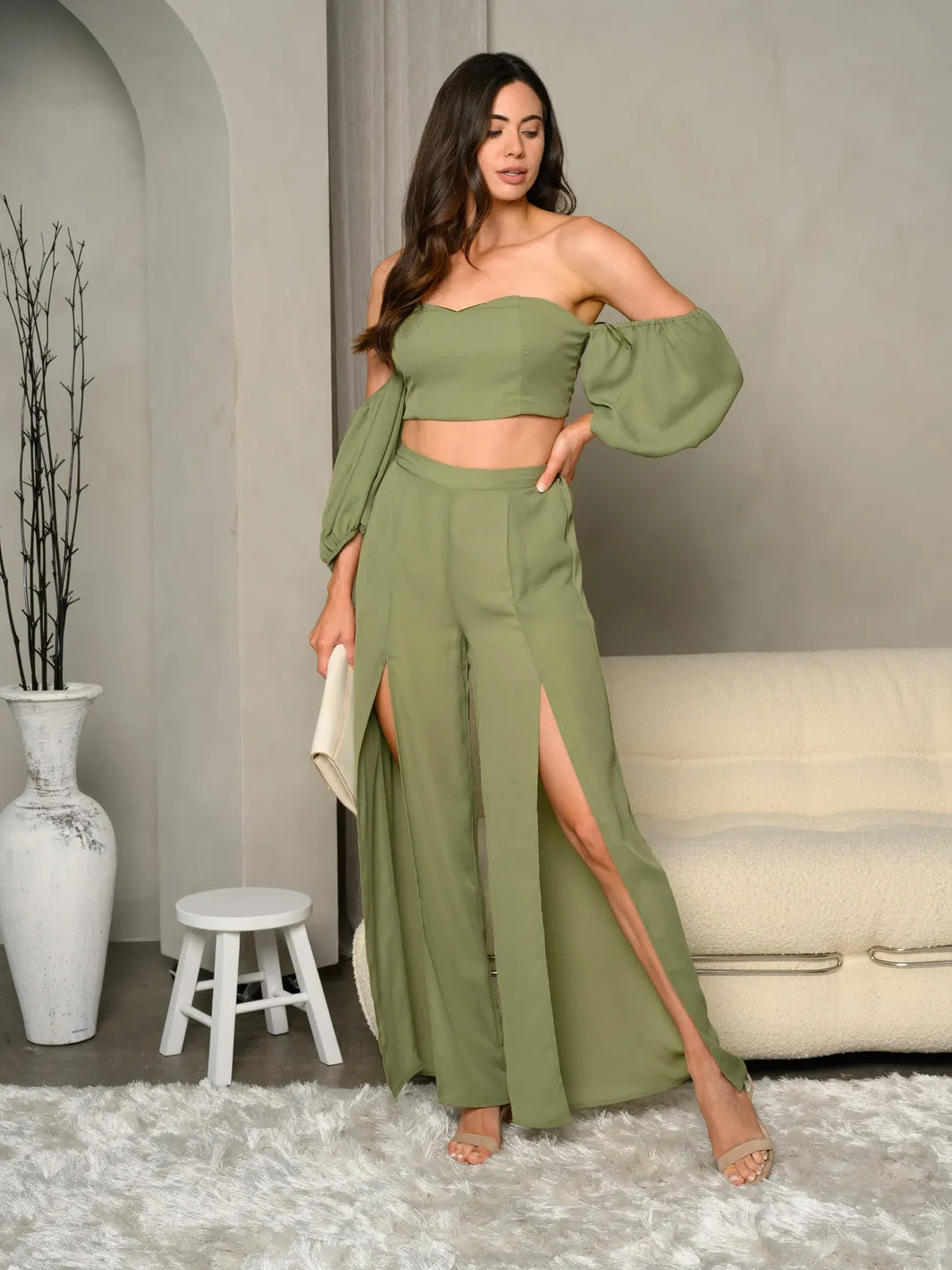 WOMEN'S 2PC. TOP & PANTS FRONT SLIT SET