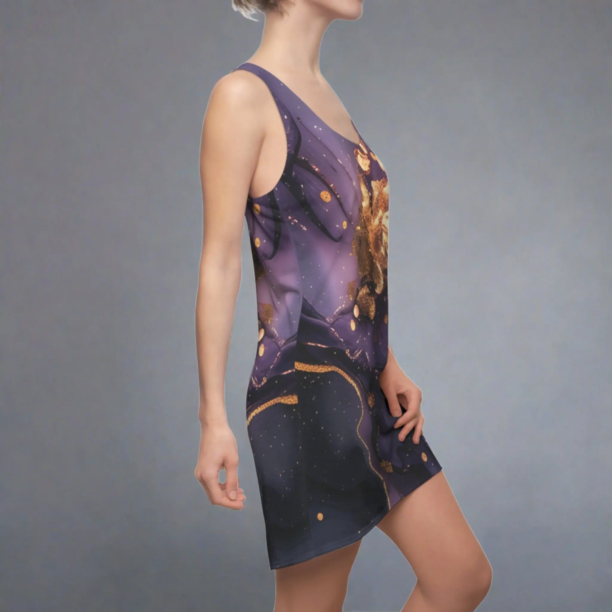 Women's Amythyst Acrylic Pour With Gold Lines Cut & Sew Racerback Dress