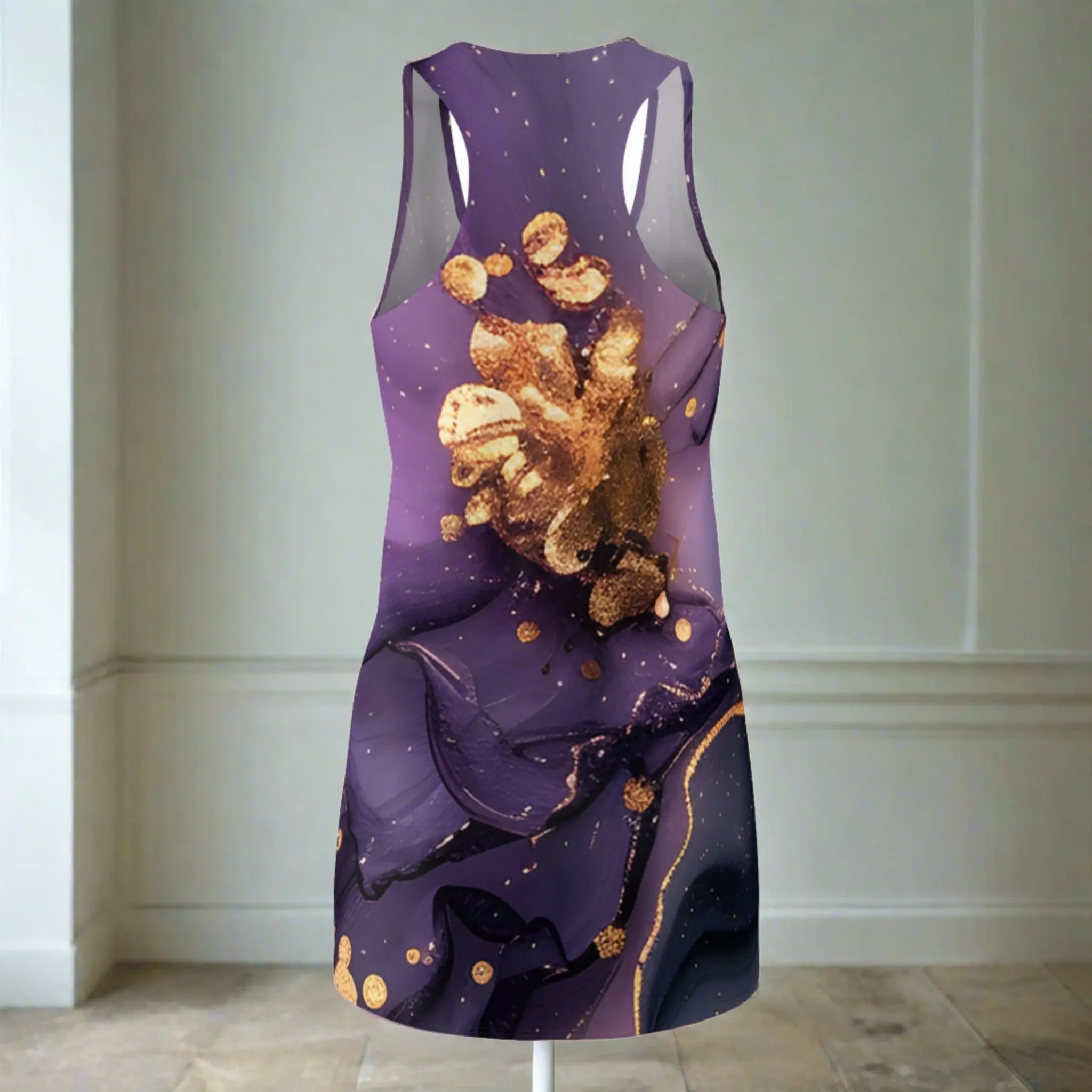 Women's Amythyst Acrylic Pour With Gold Lines Cut & Sew Racerback Dress