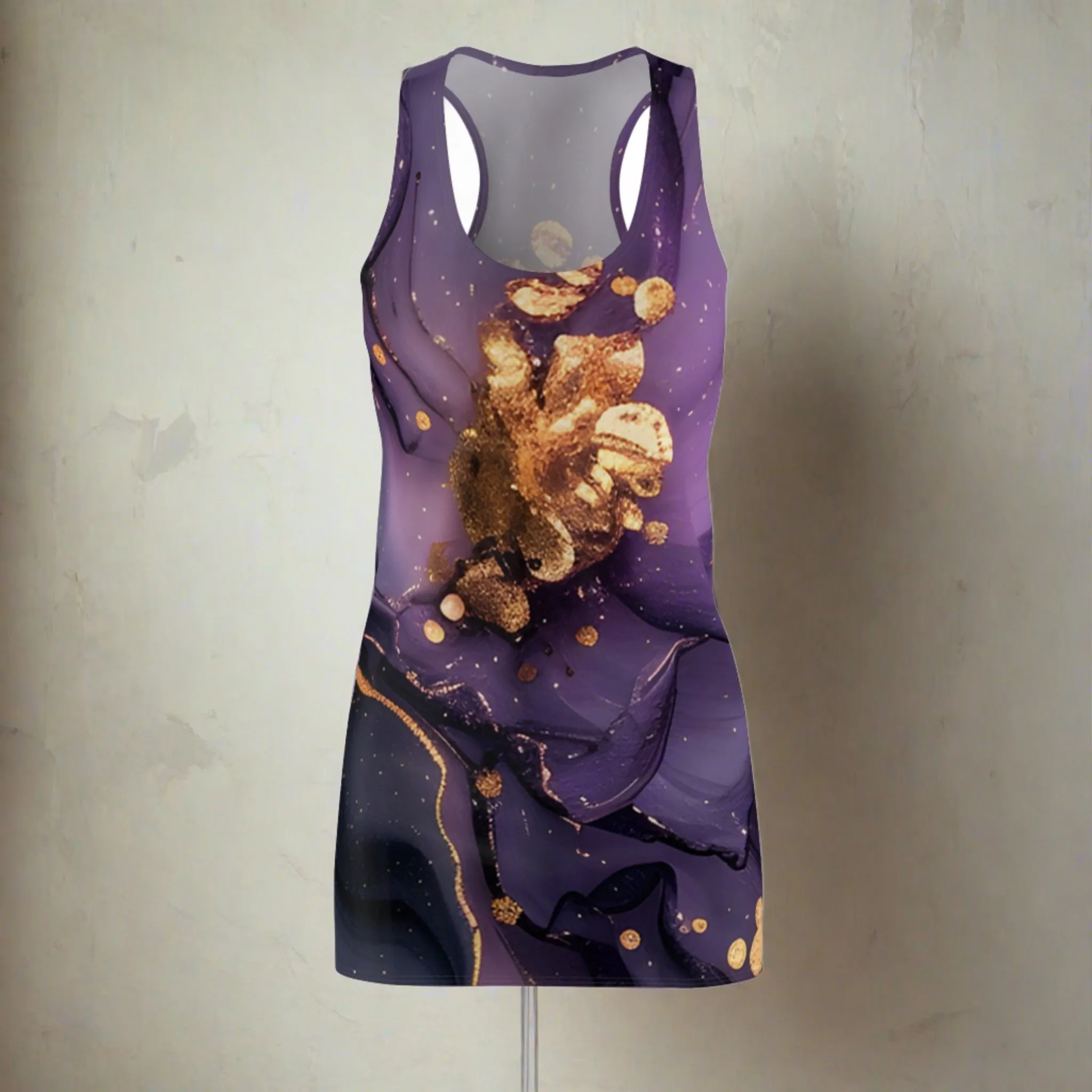 Women's Amythyst Acrylic Pour With Gold Lines Cut & Sew Racerback Dress