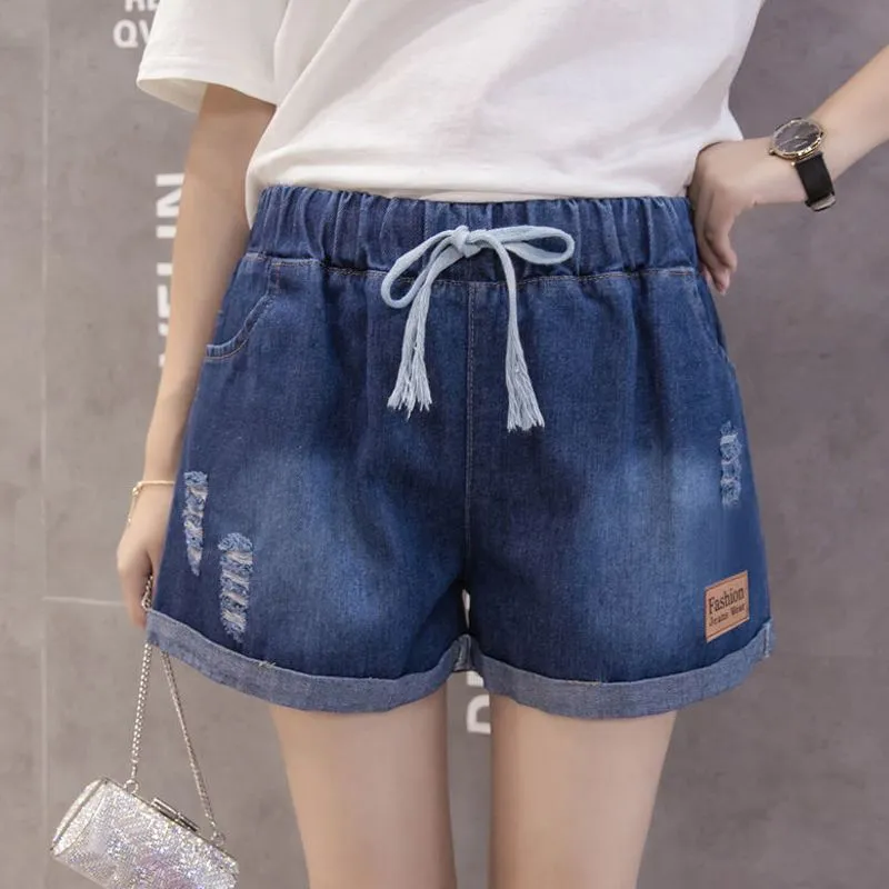 Women’s Distressed Style Drawstring Denim Shorts