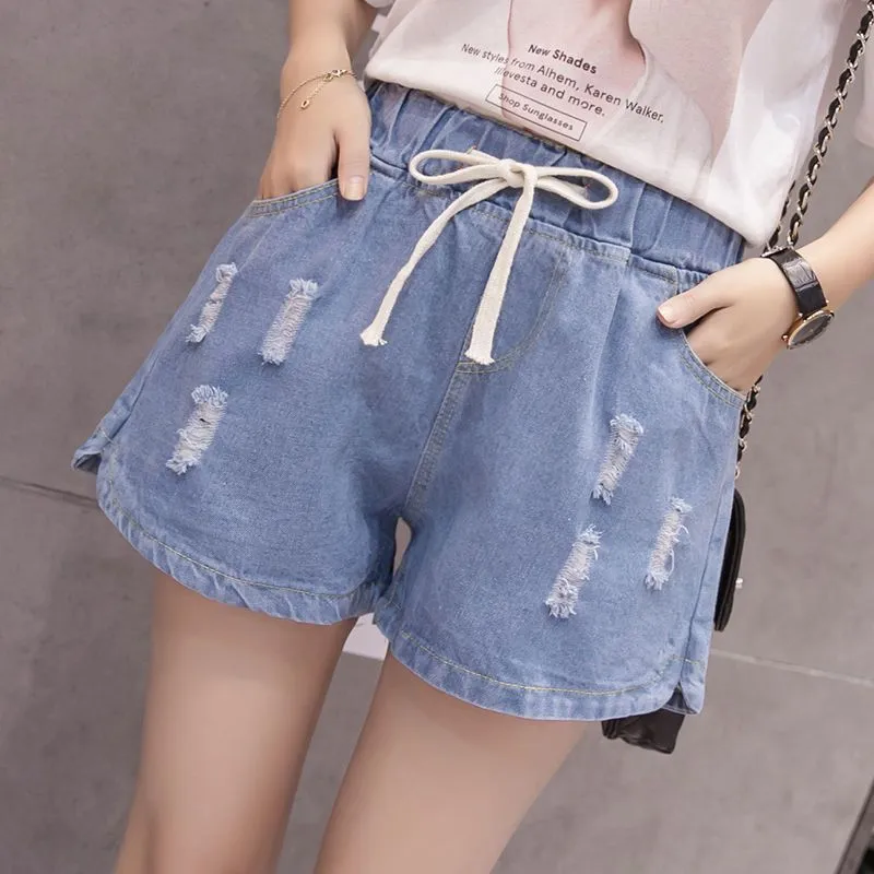 Women’s Distressed Style Drawstring Denim Shorts
