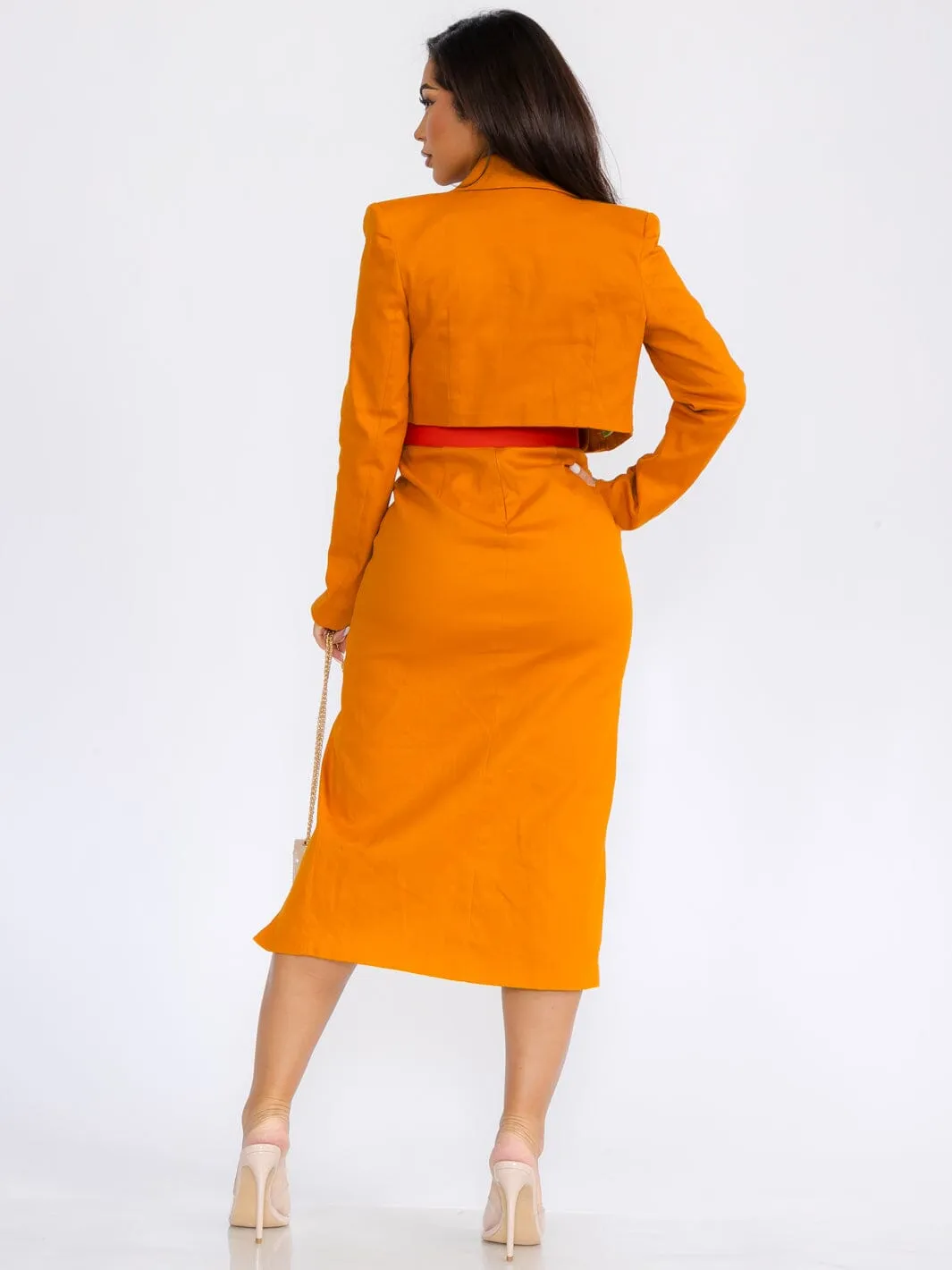 WOMEN'S LONG SLEEVE CROP JACKET & MIDI DRESS COLORBLOCK 2PC. SET