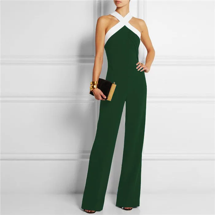 Womens Rompers Black Cross Neck Wide Leg Stitching Sling Halter Jumpsuit Ladies Elegant Playsuits Plus Size Overalls