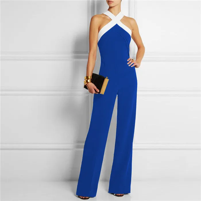 Womens Rompers Black Cross Neck Wide Leg Stitching Sling Halter Jumpsuit Ladies Elegant Playsuits Plus Size Overalls