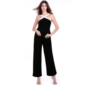Womens Rompers Black Cross Neck Wide Leg Stitching Sling Halter Jumpsuit Ladies Elegant Playsuits Plus Size Overalls