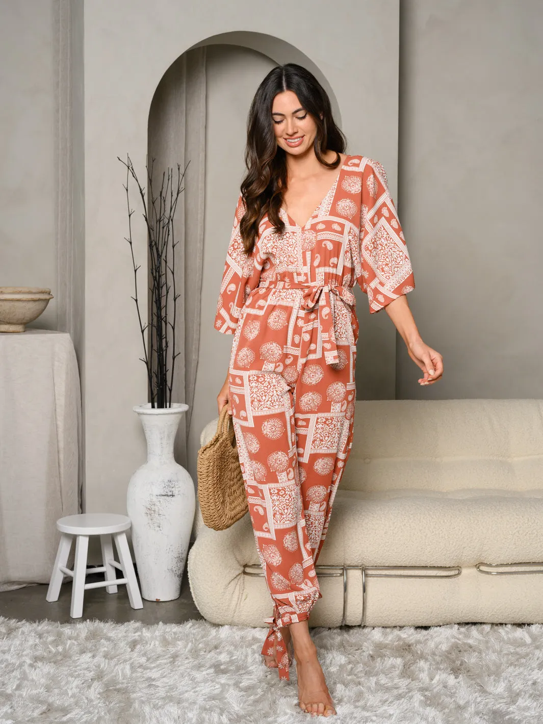 WOMEN'S SHORT SLEEVE V-NECK PAISLEY JUMPSUIT