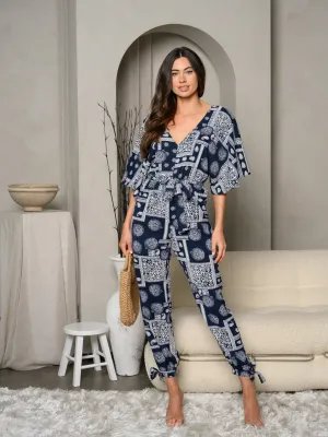 WOMEN'S SHORT SLEEVE V-NECK PAISLEY JUMPSUIT