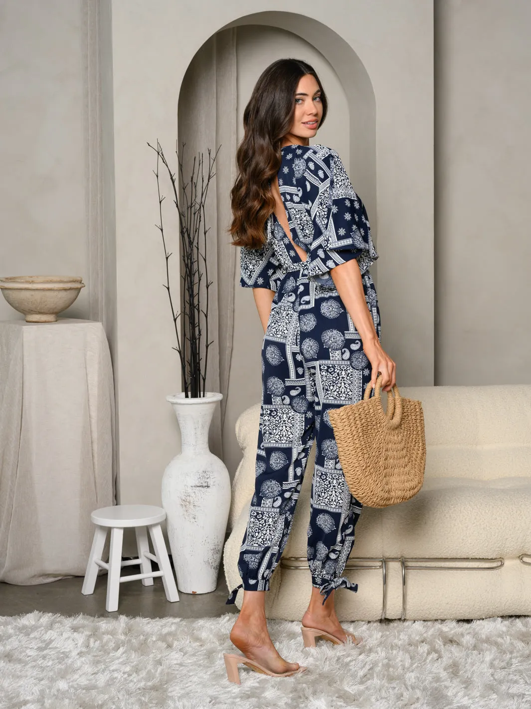 WOMEN'S SHORT SLEEVE V-NECK PAISLEY JUMPSUIT