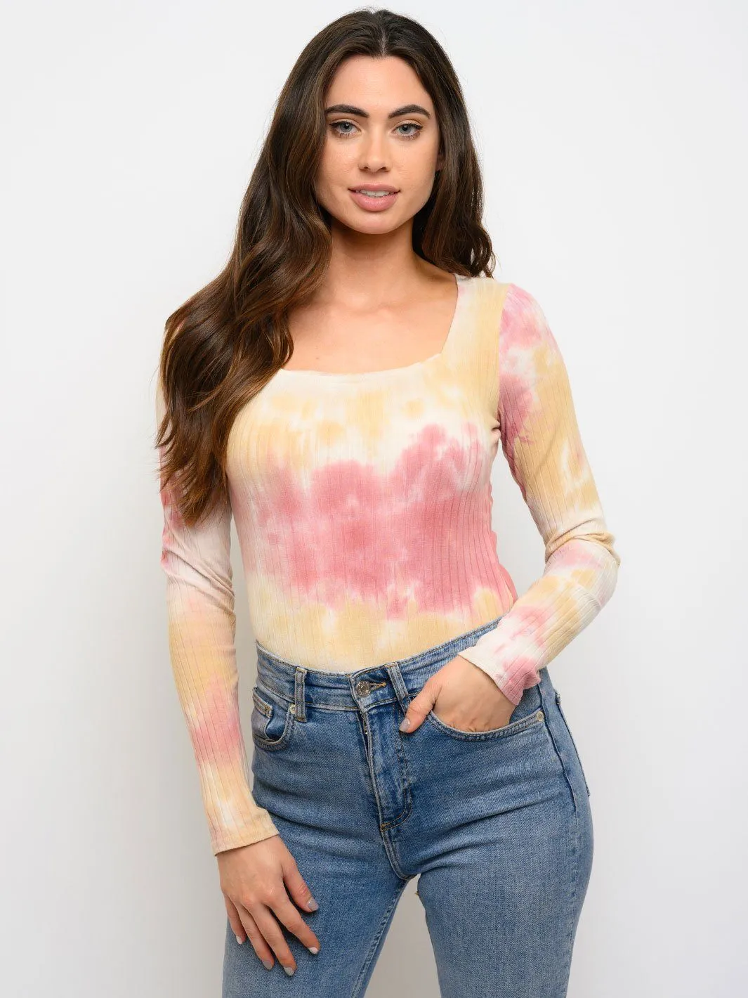 WOMEN'S SQUARE NECK LONG SLEEVE TIE DYE BODYSUIT