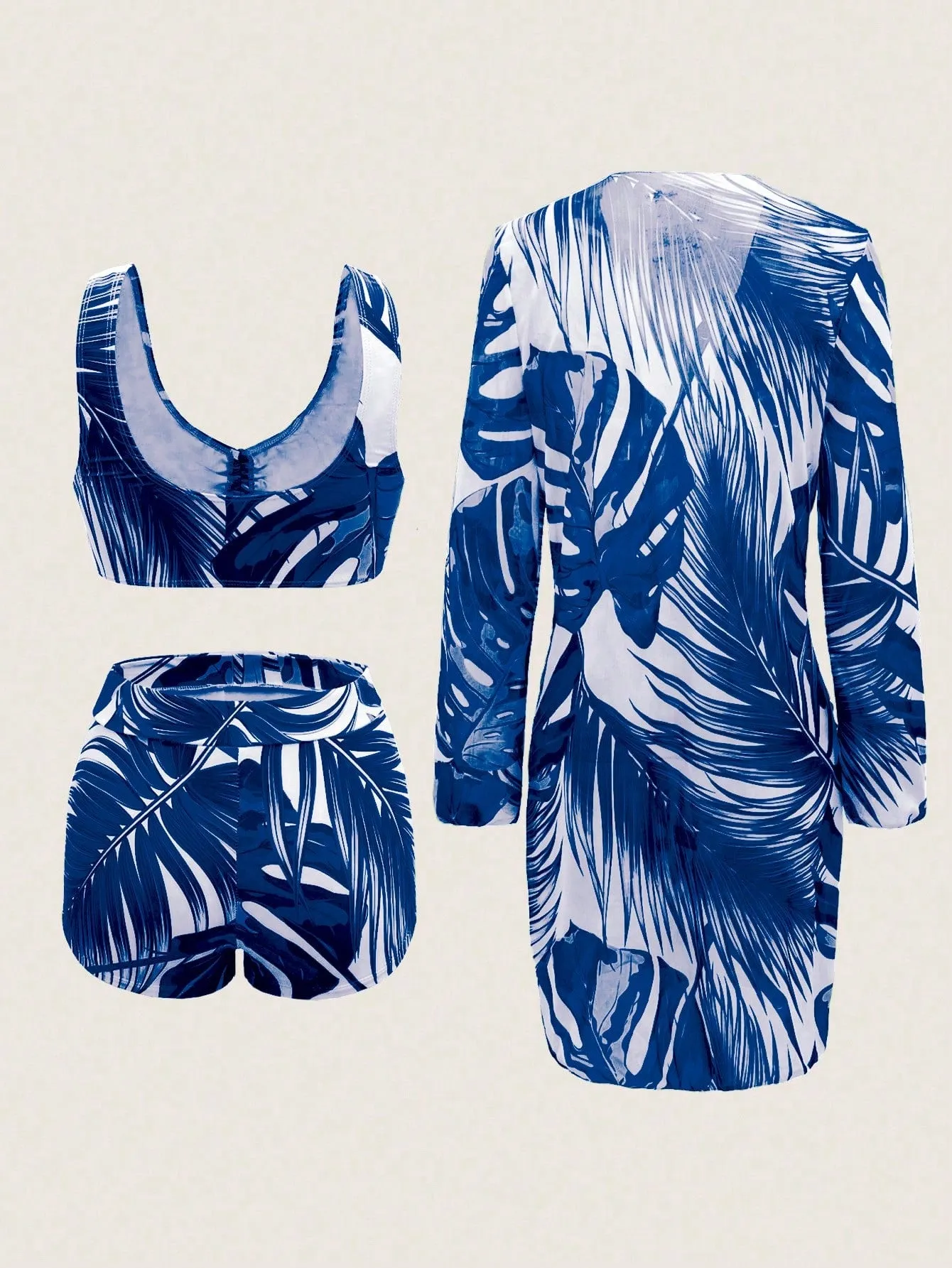Women's Tropical Flora Print Drawstring Front Sexy Bikini Set With Robe Summer