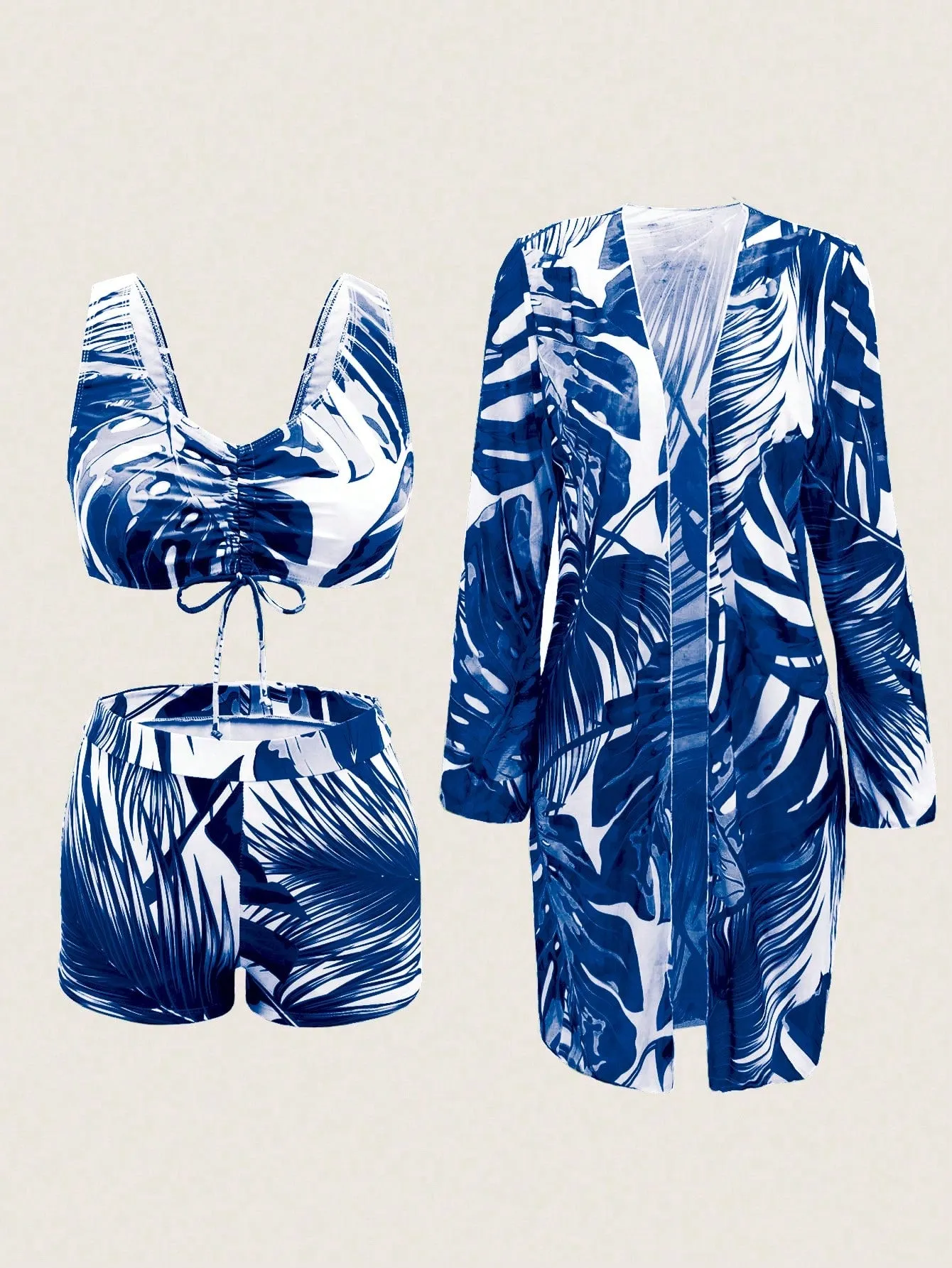 Women's Tropical Flora Print Drawstring Front Sexy Bikini Set With Robe Summer