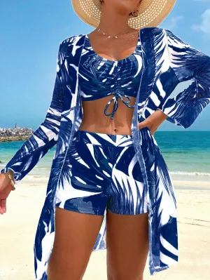 Women's Tropical Flora Print Drawstring Front Sexy Bikini Set With Robe Summer