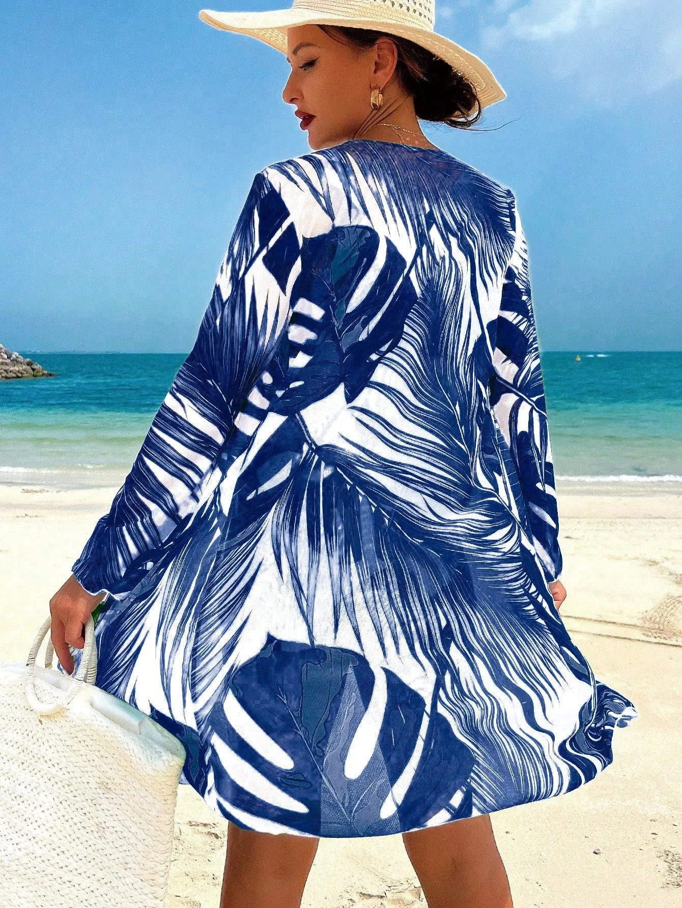 Women's Tropical Flora Print Drawstring Front Sexy Bikini Set With Robe Summer