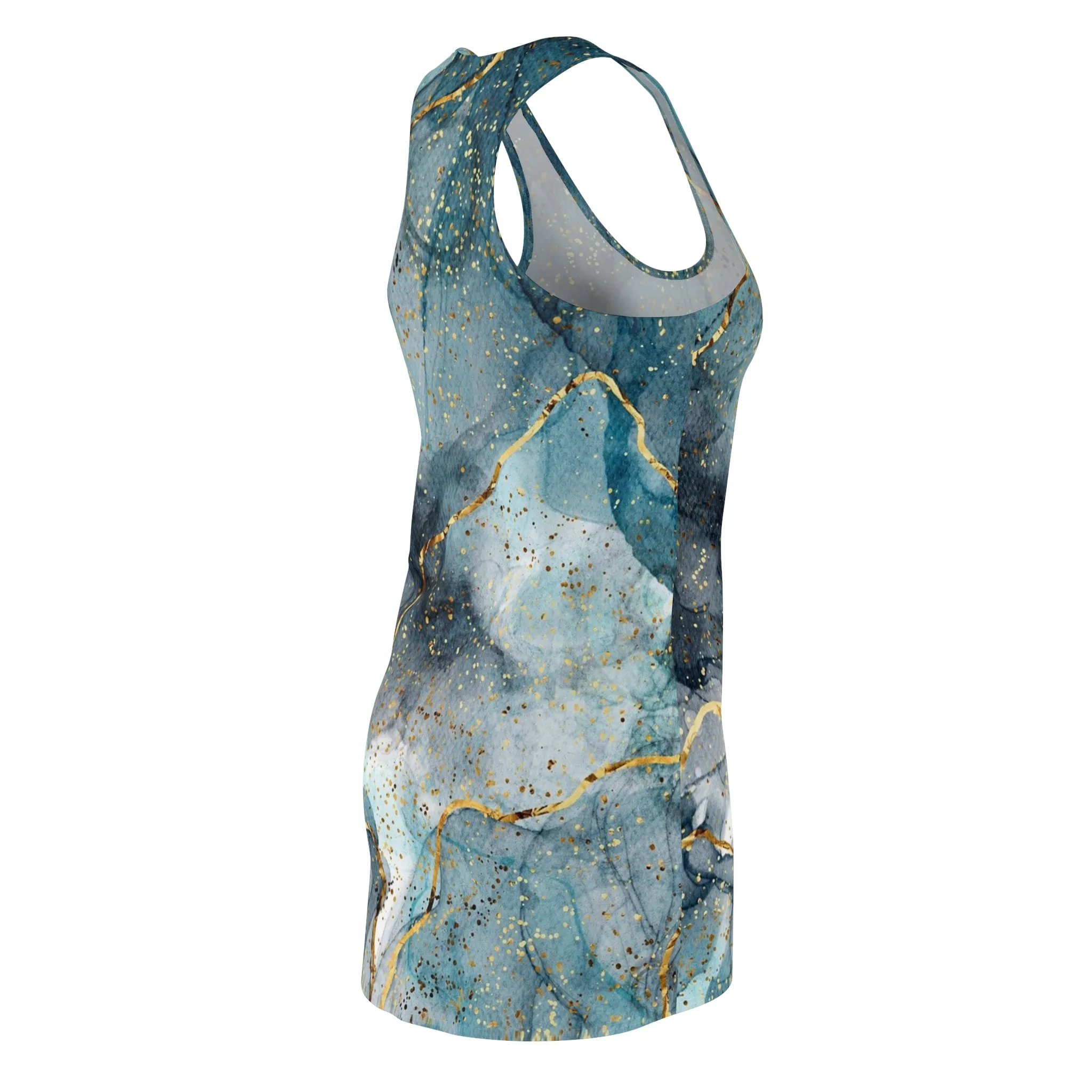 Women's Turquoise  Acrylic Pour With Gold Lines Cut & Sew Racerback Dress