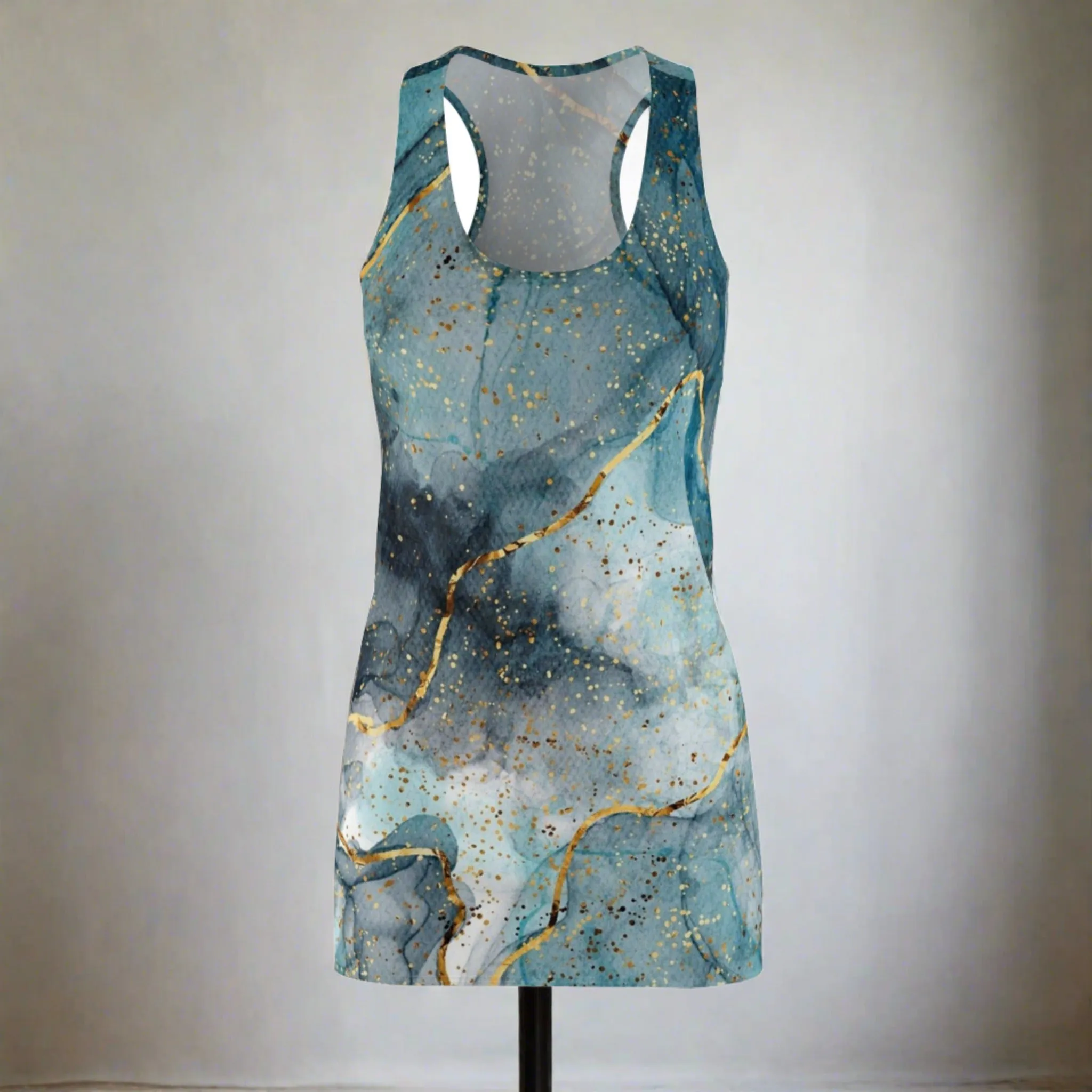 Women's Turquoise  Acrylic Pour With Gold Lines Cut & Sew Racerback Dress