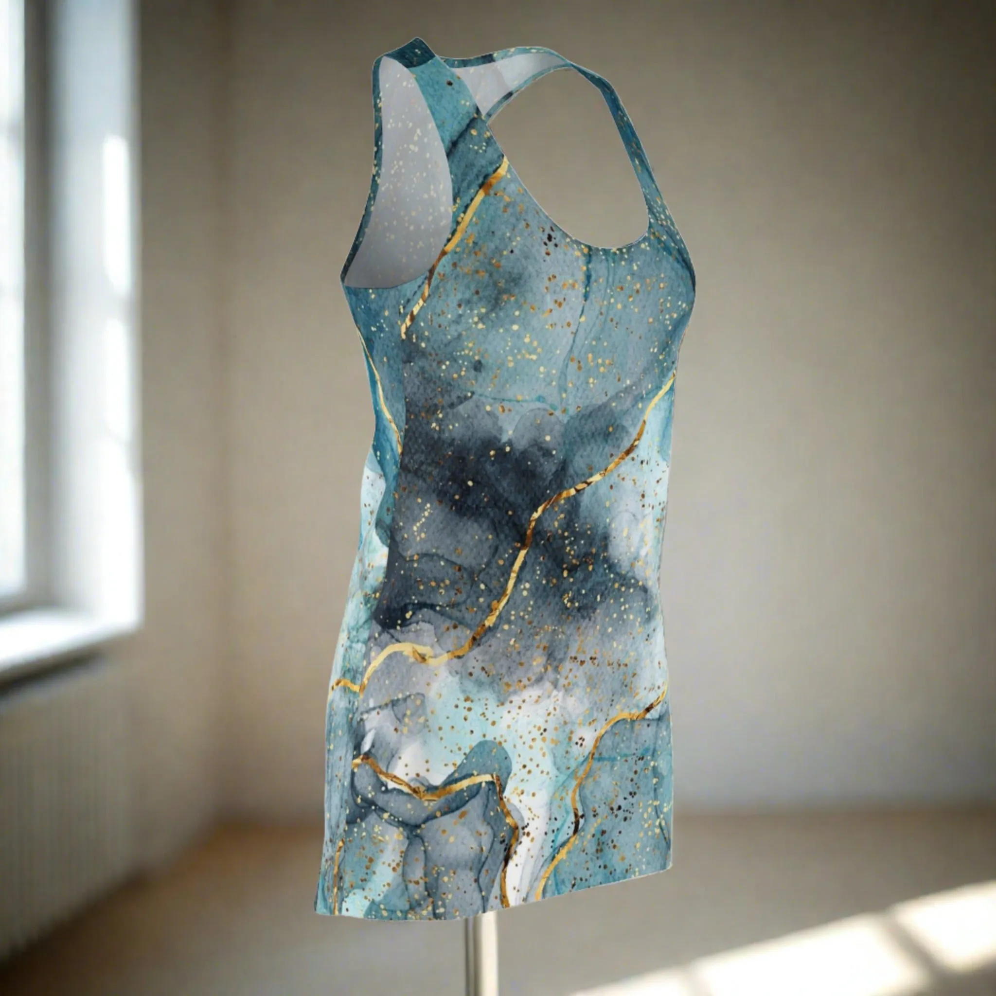 Women's Turquoise  Acrylic Pour With Gold Lines Cut & Sew Racerback Dress