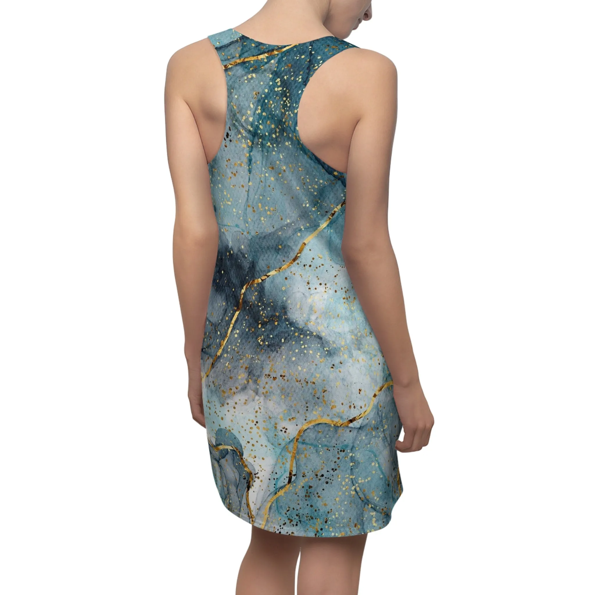 Women's Turquoise  Acrylic Pour With Gold Lines Cut & Sew Racerback Dress