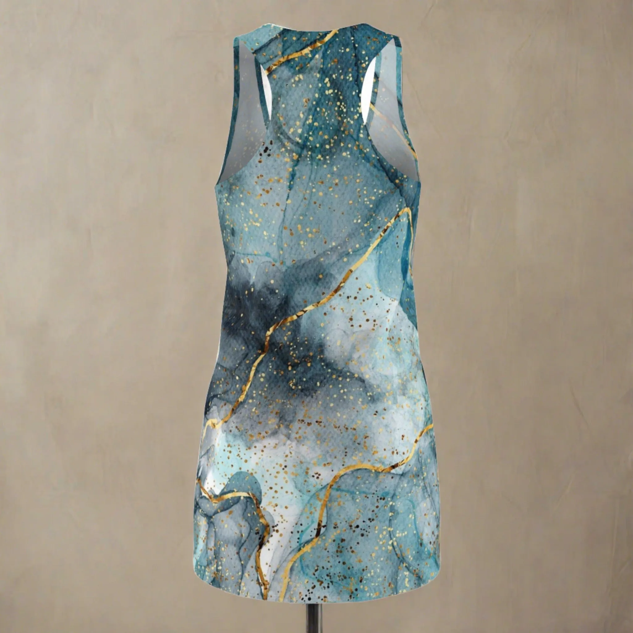 Women's Turquoise  Acrylic Pour With Gold Lines Cut & Sew Racerback Dress