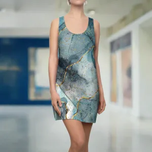 Women's Turquoise  Acrylic Pour With Gold Lines Cut & Sew Racerback Dress