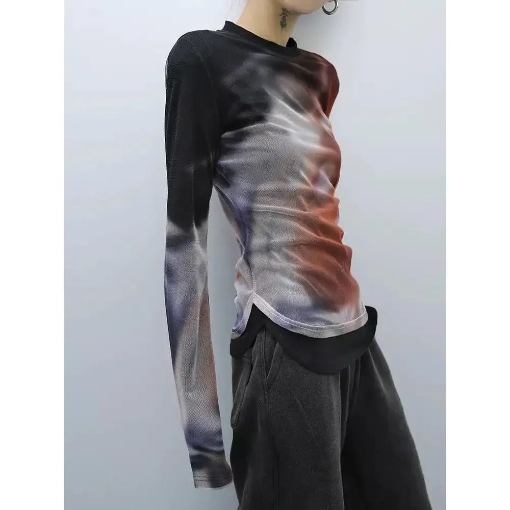 Y2K Grunge Tie-Dye Top in Lightweight Mesh Material