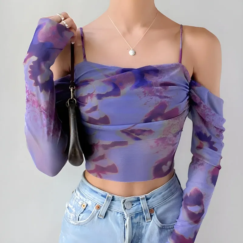 Y2K Tie Dye Off Shoulder Mesh Top
