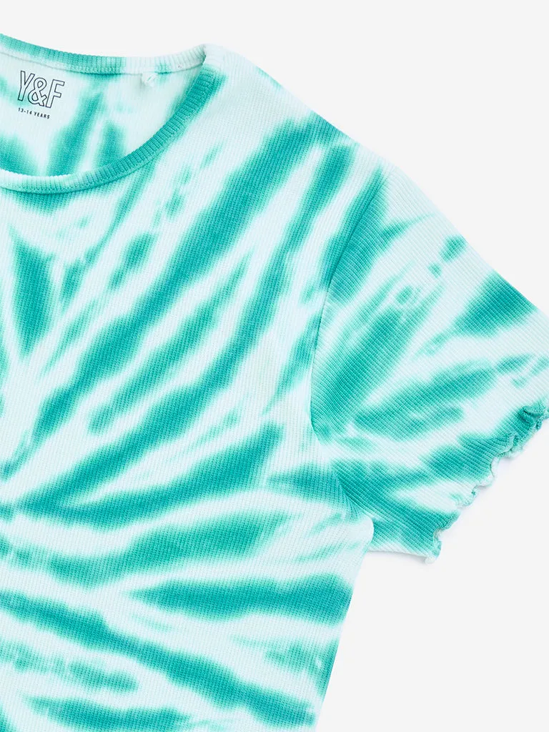 Y&F Kids Green Tie-Dye Printed Cotton-Blend Top