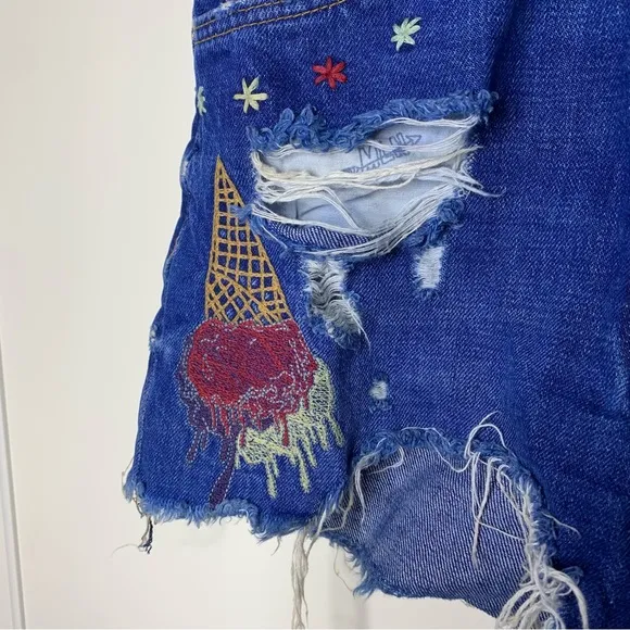 Zara Trafulac Ice Cream Embroidered Distressed Denim Jean Shorts