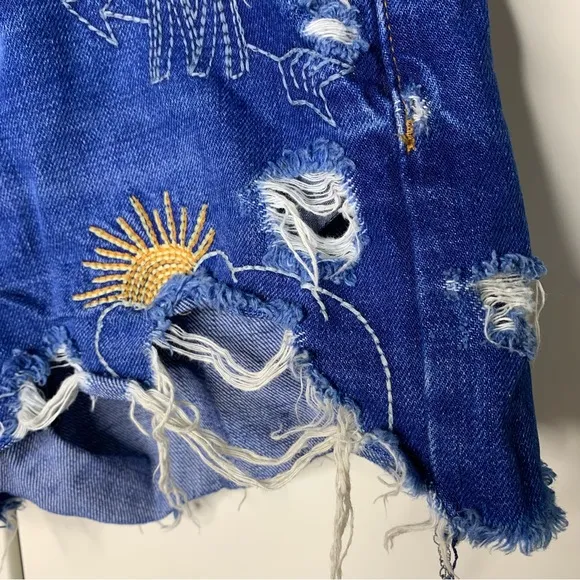 Zara Trafulac Ice Cream Embroidered Distressed Denim Jean Shorts