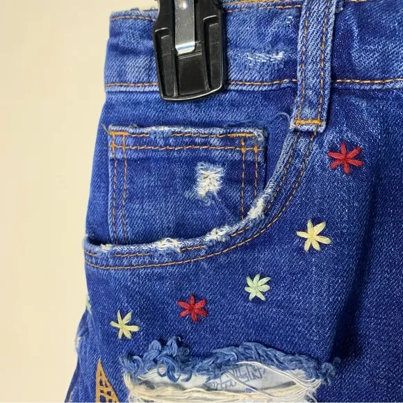 Zara Trafulac Ice Cream Embroidered Distressed Denim Jean Shorts