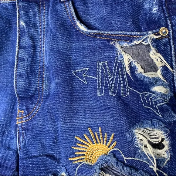 Zara Trafulac Ice Cream Embroidered Distressed Denim Jean Shorts