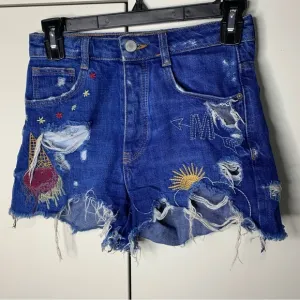 Zara Trafulac Ice Cream Embroidered Distressed Denim Jean Shorts